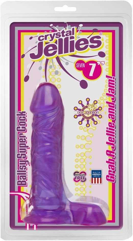 Doc Johnson Crystal Jellies - 7 Inch Ballsy Super Cock - 8 in. Long and 1.8 in. Wide - Balls Provide a Sturdy Base - Dildo - Purple
