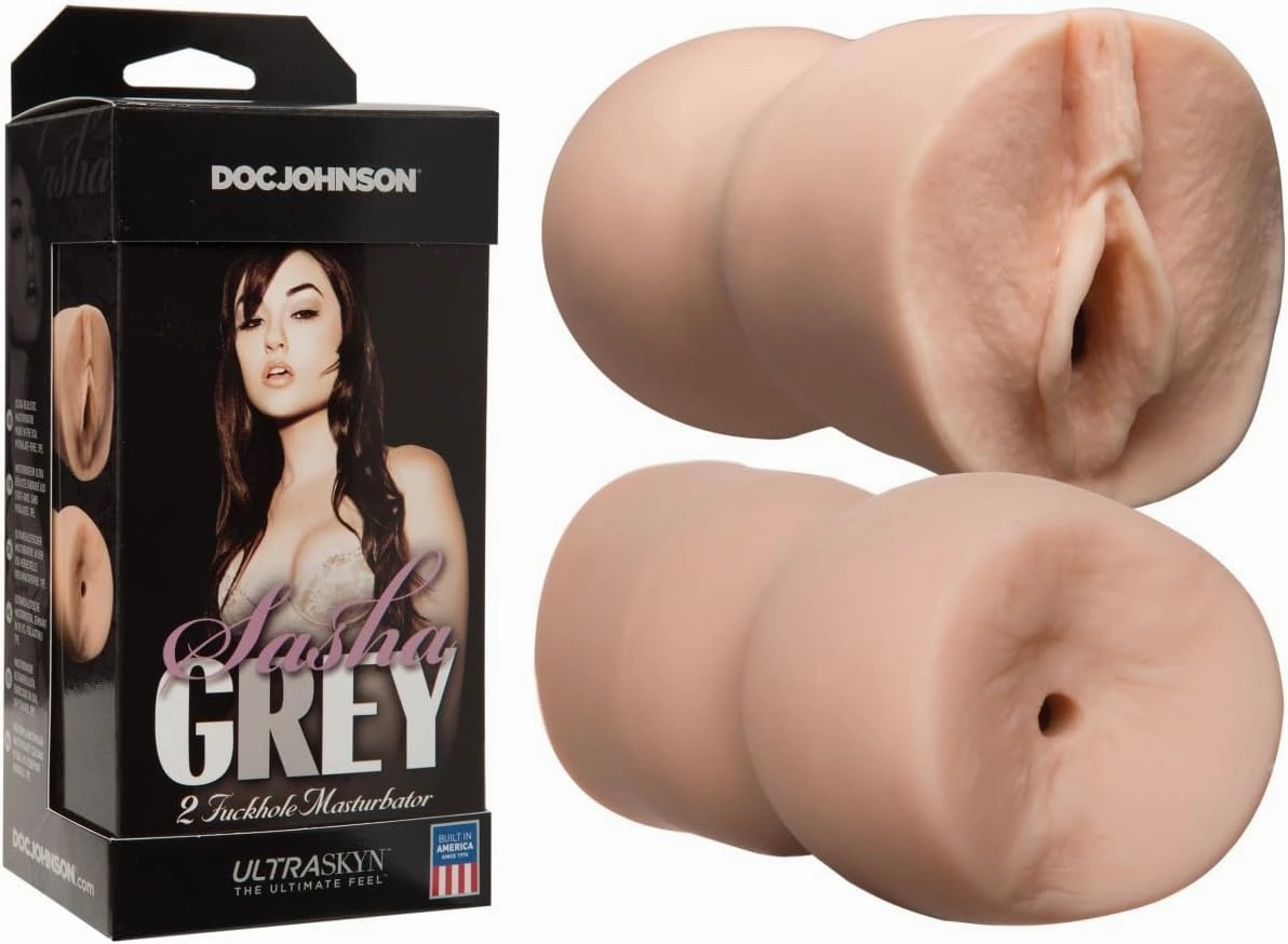 Doc Johnson Sasha Grey - ULTRASKYN - 2 Fuckhole Masturbator - Open-Ended Handheld Stoker - Pussy and Ass - Double-Sided Stroker
