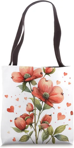 Dogwood Flowers With Hearts Around Boho Style Graphic Tote Bag