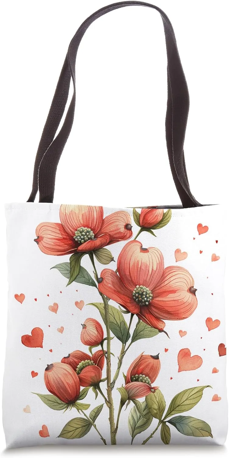 Dogwood Flowers With Hearts Around Boho Style Graphic Tote Bag