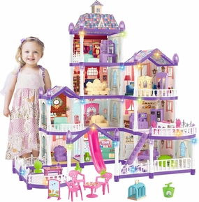 Doll House for Girls with Lights, Pretend-Play DIY Dollhouse Kit - 4-Story 10 Rooms Playhouse with 2 Dolls Toy Figures, Asseccories and Furniture, Design and Build Gift for 3 4 5 6 7  Year Old Girls