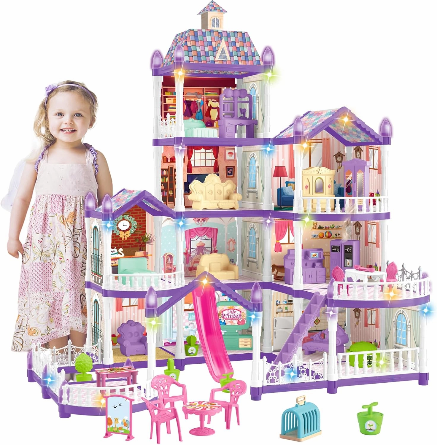 Doll House for Girls with Lights, Pretend-Play DIY Dollhouse Kit - 4-Story 10 Rooms Playhouse with 2 Dolls Toy Figures, Asseccories and Furniture, Design and Build Gift for 3 4 5 6 7  Year Old Girls