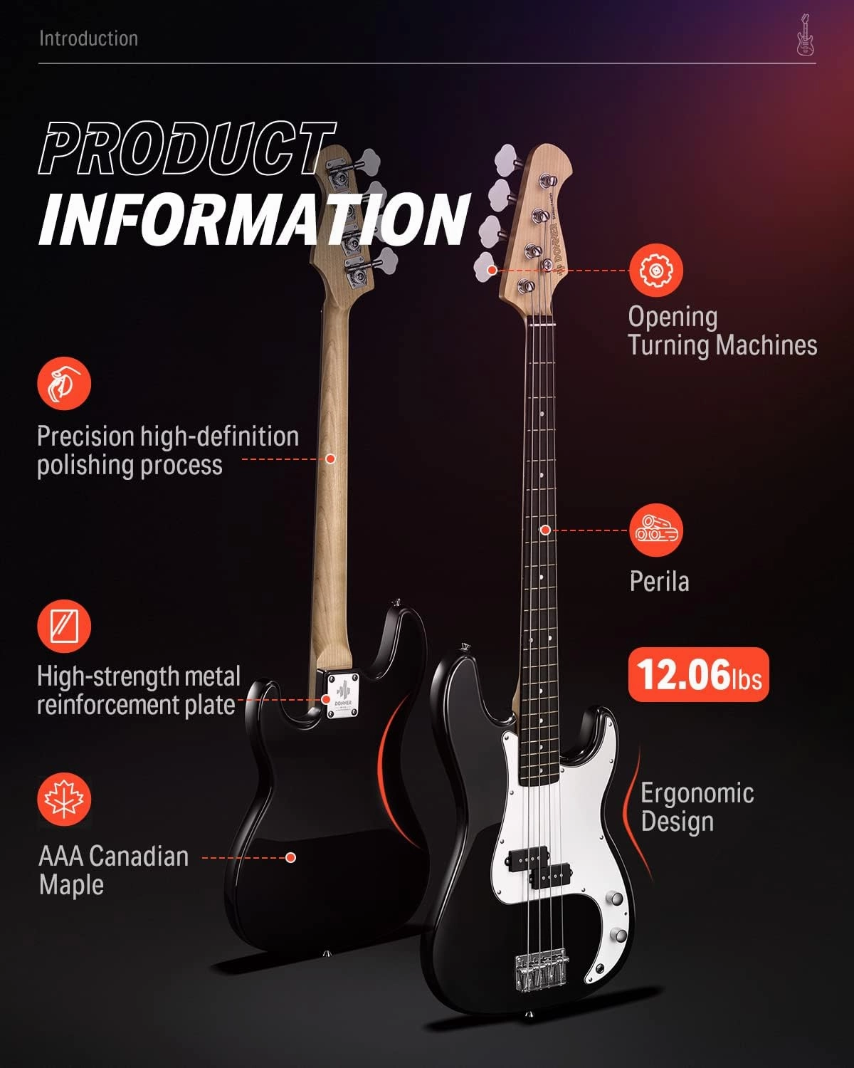 Donner Electric Bass Guitar 4 Strings Full-Size Standard Bass PB-Style Beginner Kit Black for Starter with Free Online Lesson Gig Bag Guitar Strap and Guitar Cable, DPB-510D