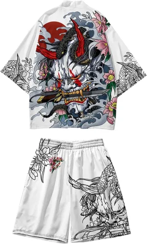 DOSLAVIDA Men's Japanese Style Kimono Set Lightweight Open Front Cardigan Suits Stylish Two Piece Summer Beach Outfits