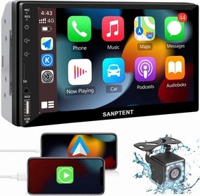 Double Din Car Stereo Radio Audio Receiver Compatible with Apple Carplay, Android Auto, Mirror Link, 7 Inch Full Touchscreen Car Stereo, Backup Camera, Bluetooth, USB/TF/AUX Port, A/V Input, FM