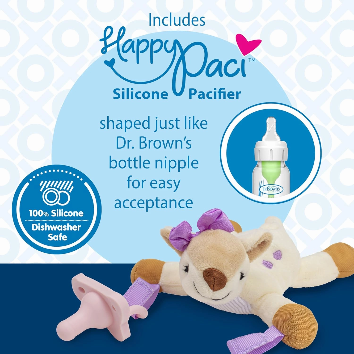 Dr. Brown's Baby Lovey Pacifier and Teether Holder, Deer with Pink HappyPaci, 100% Silicone, 0-6m (Packaging May Vary)