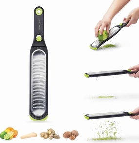 Dreamfarm Ozest Self-Cleaning POP-Button Zester for Fine, Fluffy Citrus Zest, Cheese, Nut, & Spices with Non-Slip Silicone Foot - 1mm Zester, Black/Green