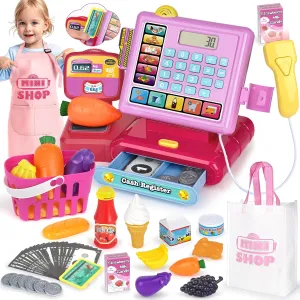 Dreamon Kids Cash Register Toy, Pretend Play Calculator Register Toys with Scanner, Apron, Credit Card, Play Food and Shopping Bag, Grocery Store Playset Preschool Gift for Kids Girls Age 3 4 5 6 7