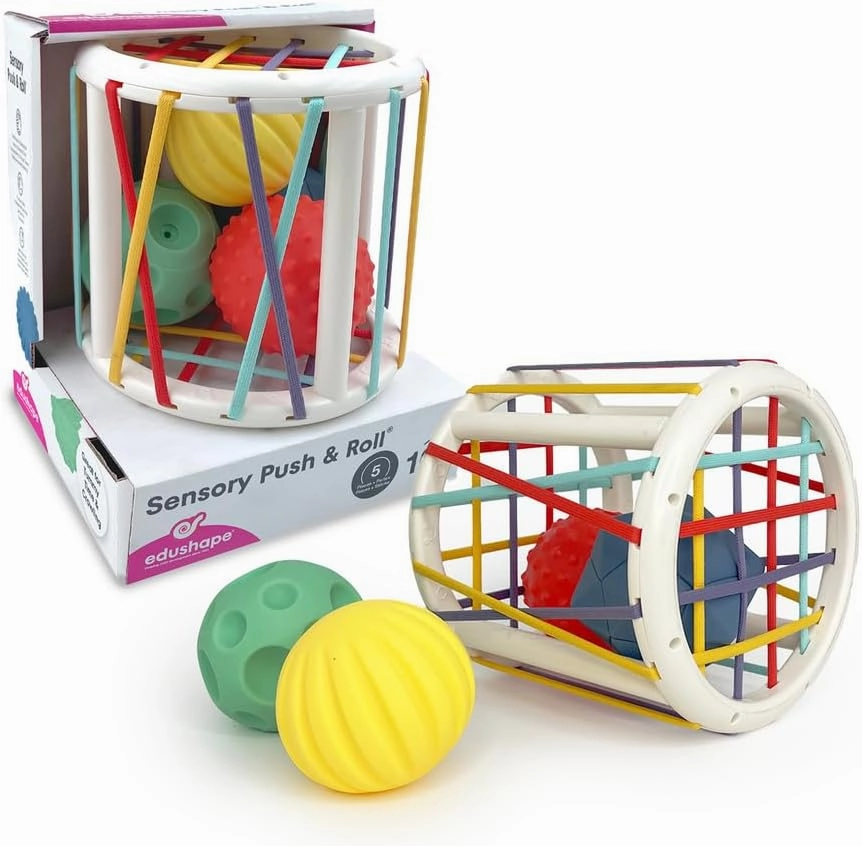 Edushape Sensory Push & Roll | Includes 4 Balls & Basket | Sensory Baby Toy | Boost Motor Skills Safe |