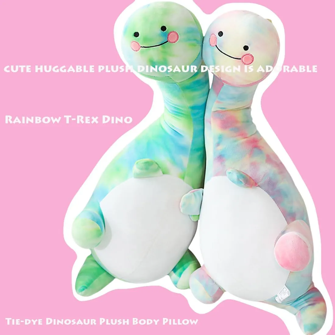 ELAINREN Big Green Tie-dye Dinosaur Plush Pillow Rainbow T-Rex Dino Stuffed Toy Soft Pink Stegosaurus Plushie Doll Gifts /39.37''