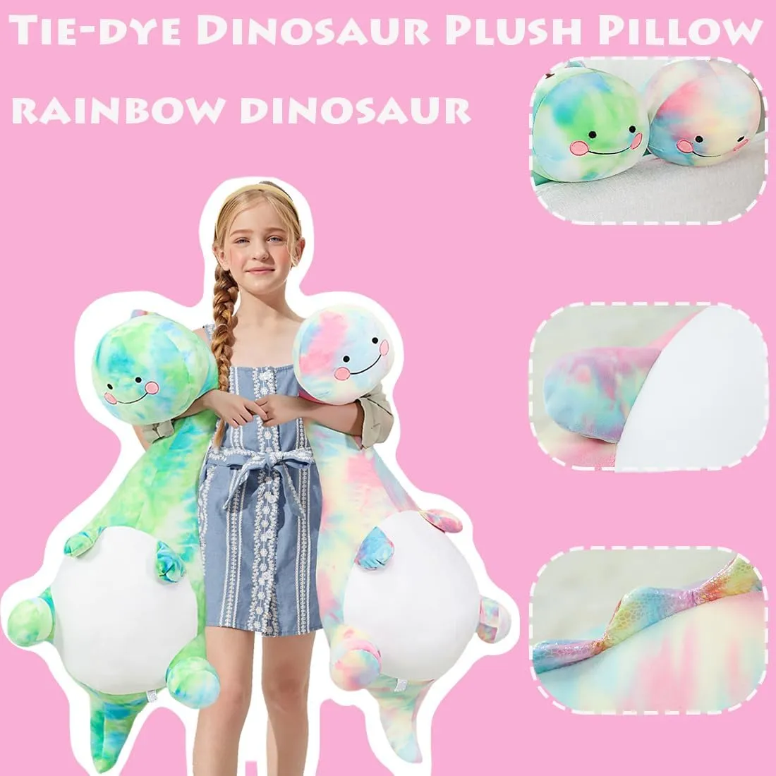 ELAINREN Big Green Tie-dye Dinosaur Plush Pillow Rainbow T-Rex Dino Stuffed Toy Soft Pink Stegosaurus Plushie Doll Gifts /39.37''