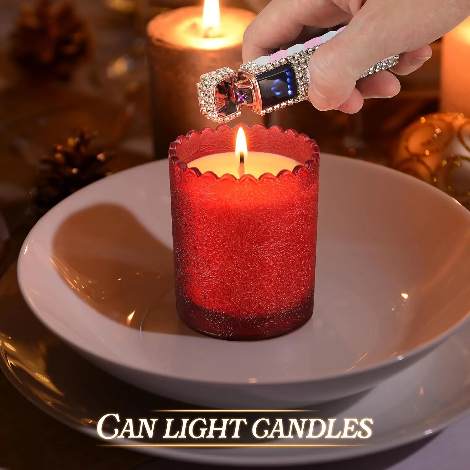 Electric Lighter Bling Glitter USB Rechargeable Lighters Cigarette Lighter with Rhinestone,Perfect for Girl Womenm,White Pink
