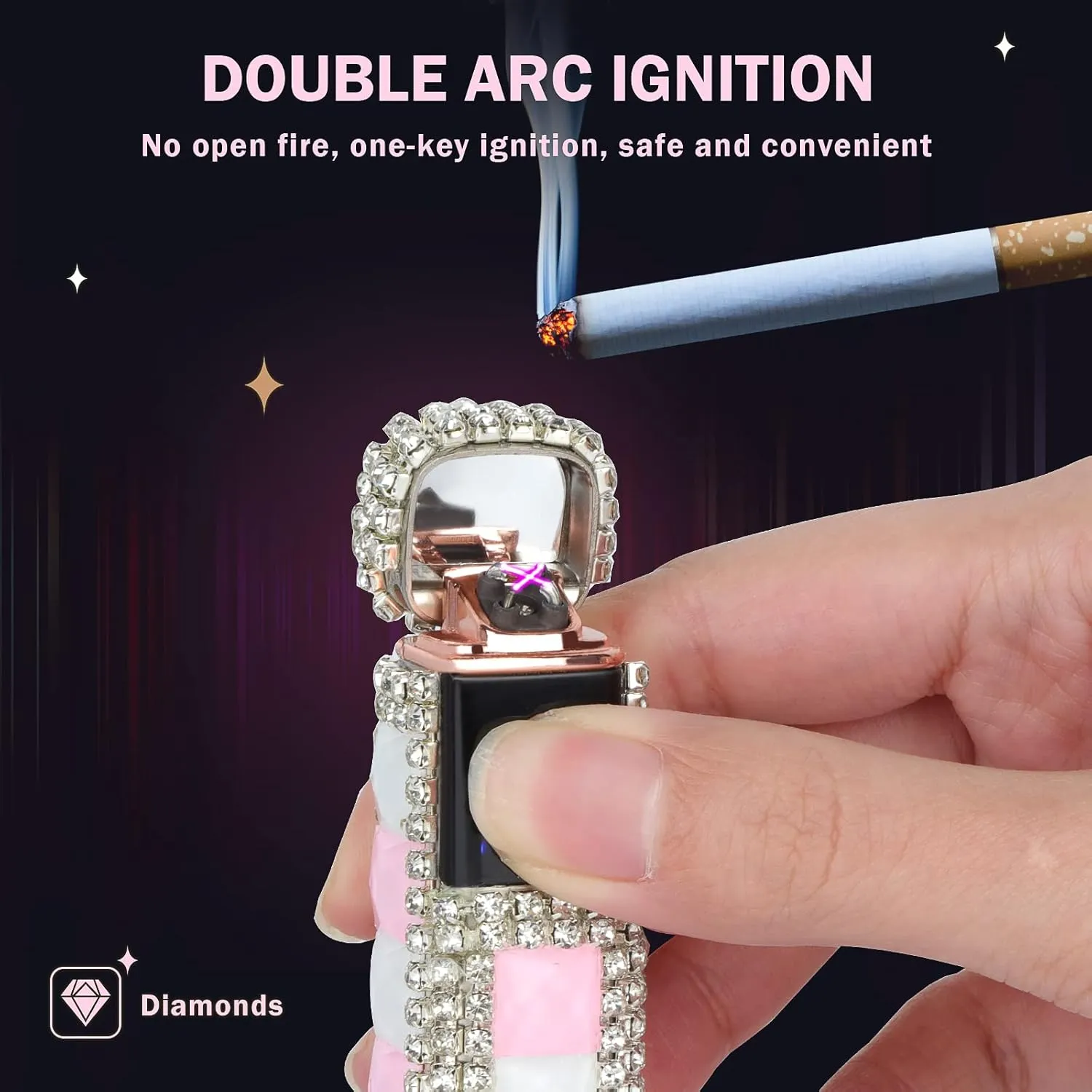 Electric Lighter Bling Glitter USB Rechargeable Lighters Cigarette Lighter with Rhinestone,Perfect for Girl Womenm,White Pink