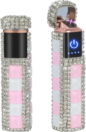 Electric Lighter Bling Glitter USB Rechargeable Lighters Cigarette Lighter with Rhinestone,Perfect for Girl Womenm,White Pink
