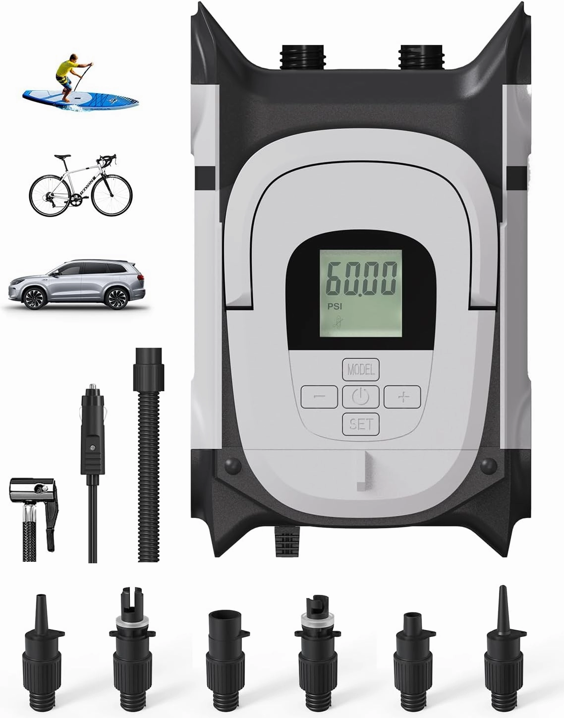 Electric Sup Air Pump with DC 12V Car Power Connector, 60PSI Portable Paddle Board Pump with Auto-Off Function Dual Motor for Car Tire, Inflatable Paddleboard, Boat, SUP and Kayak Accessories
