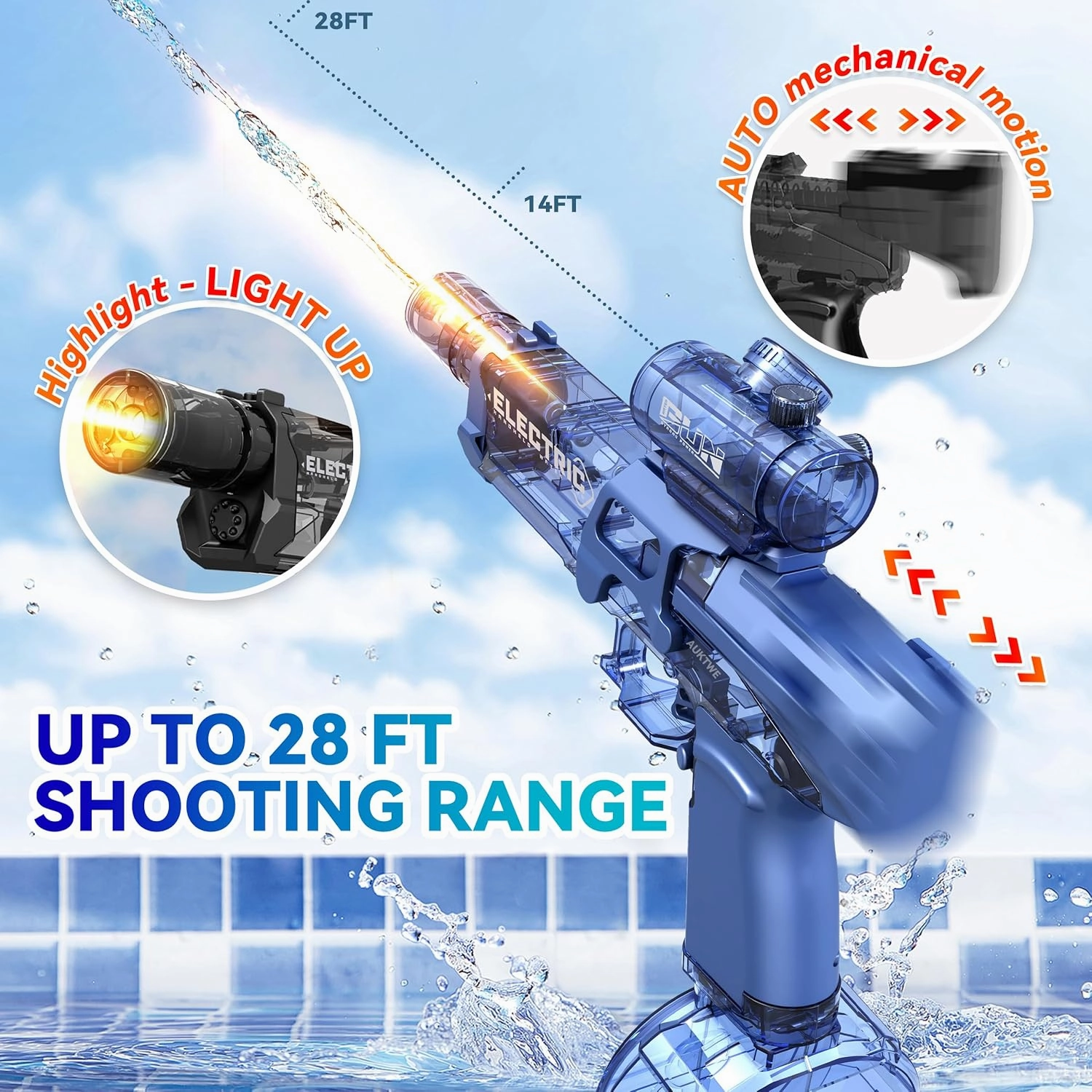 Electric Water Gun with Light Up,28-32 FT, Powerful High Powered Automatic Squirt Gun Fully Auto Water Blaster, Swimming Pool Outdoor Toy Game for Adult&Kid