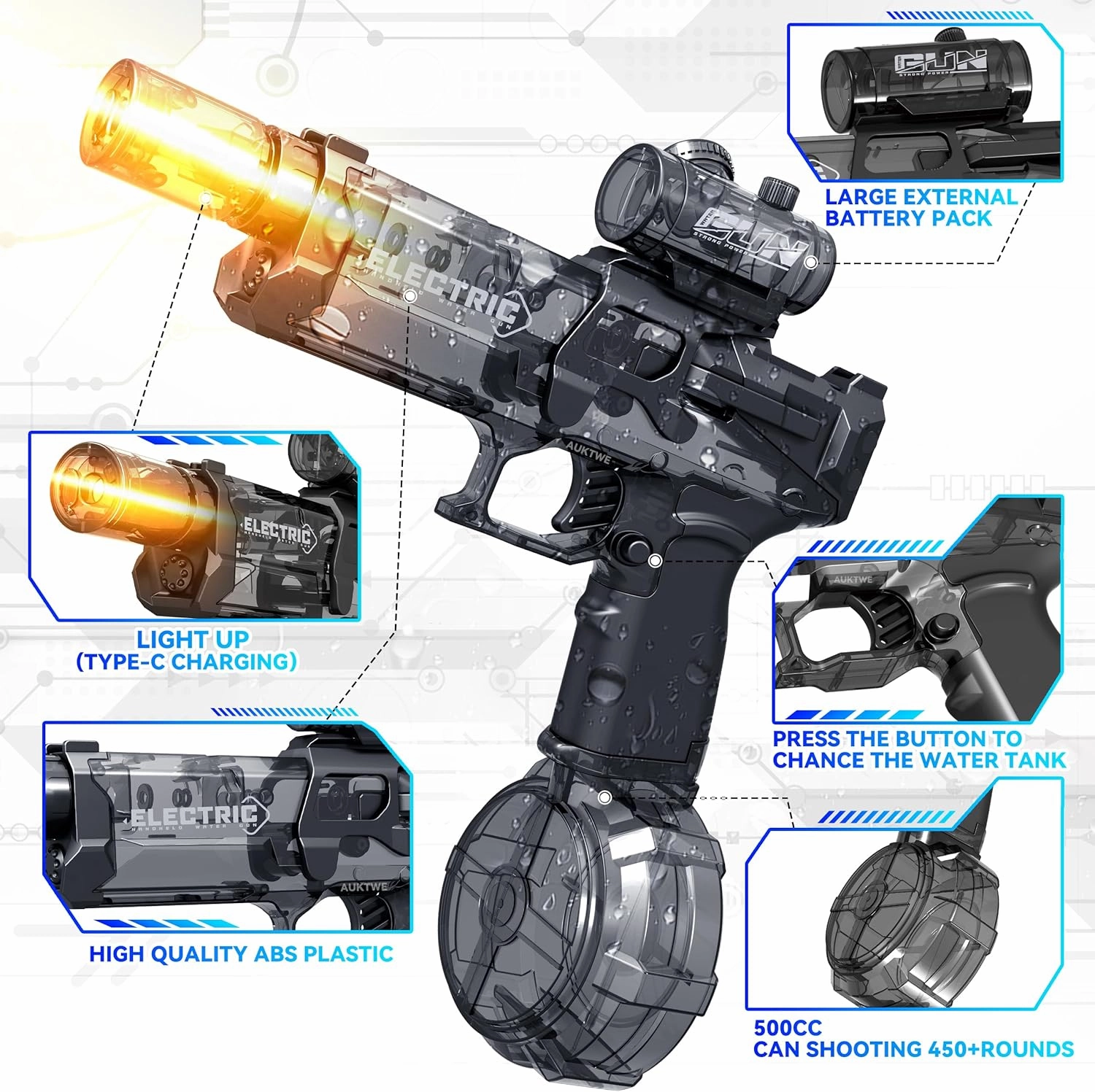 Electric Water Gun with Light Up,28-32 FT, Powerful High Powered Automatic Squirt Gun Fully Auto Water Blaster, Swimming Pool Outdoor Toy Game for Adult&Kid