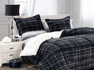Elegant Comfort Softest, Coziest Heavy Weight Plaid Pattern Micromink Sherpa-Backing Premium Quality Down Down Alternative Micro-Suede 3-Piece Reversible Comforter Set, King/Cal King, Black