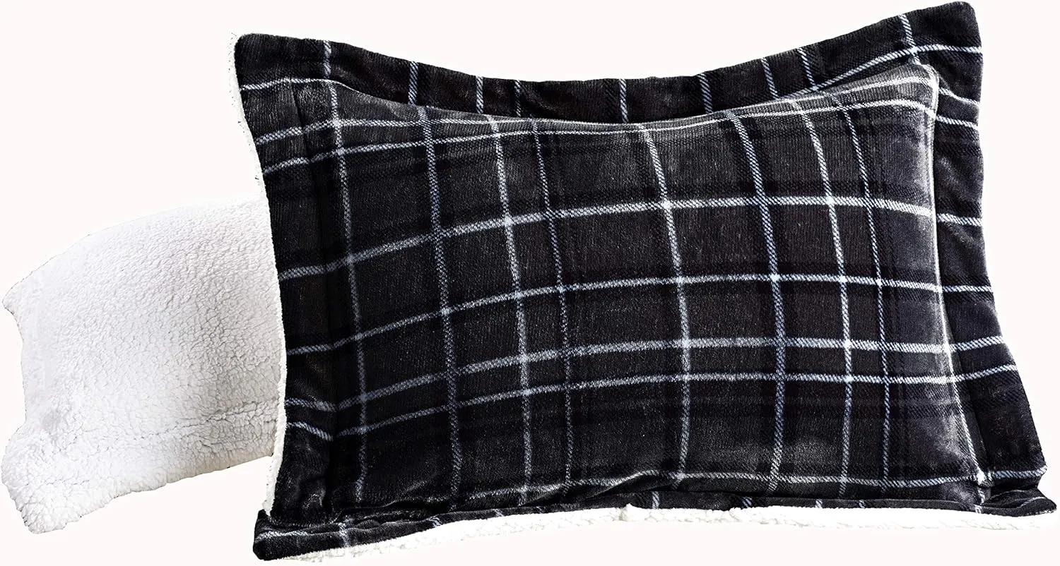 Elegant Comfort Softest, Coziest Heavy Weight Plaid Pattern Micromink Sherpa-Backing Premium Quality Down Down Alternative Micro-Suede 3-Piece Reversible Comforter Set, King/Cal King, Black
