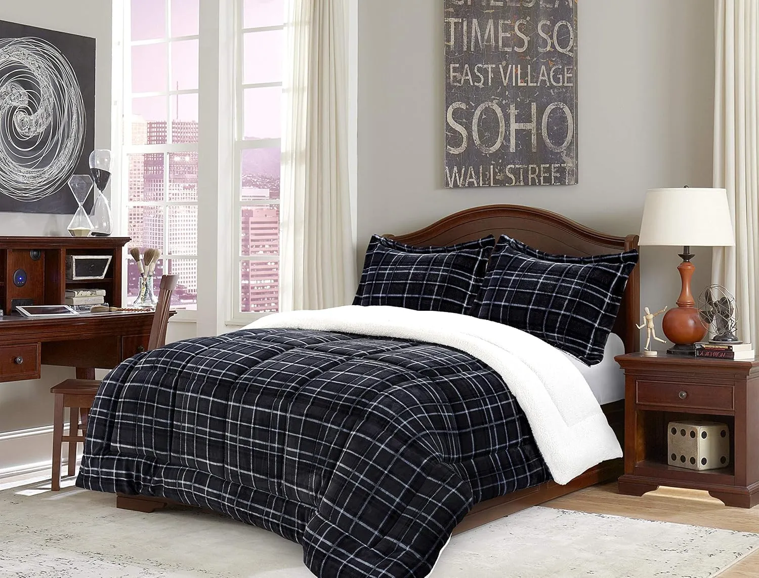 Elegant Comfort Softest, Coziest Heavy Weight Plaid Pattern Micromink Sherpa-Backing Premium Quality Down Down Alternative Micro-Suede 3-Piece Reversible Comforter Set, King/Cal King, Black