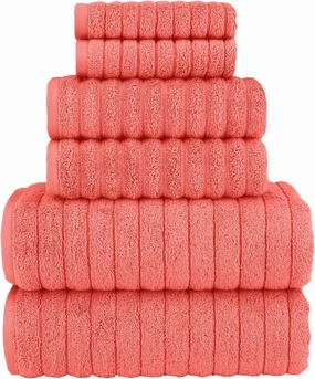 Elegant Comfort 100% Turkish Cotton Corduroy Ribbed Luxury Bath Towels 6-Piece Set, Premium Feel - Quick Dry, Highly Absorbent, Contains 2 Bath Towels, 2 Hand Towels, and 2 Washcloths, Coral