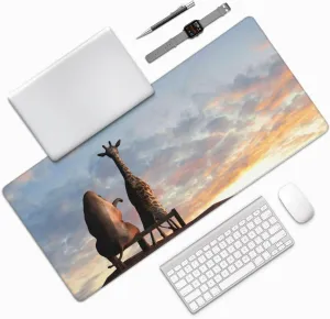 Elephant Giraffe On A Mountain Top Sunset Large Gaming Mouse Pad 35.4 x 15.7in Keyboard Mouse Mat Desk Keyboard Pad for Work, Play, Office, Home with Non-Slip Rubber Base Stitched Edges
