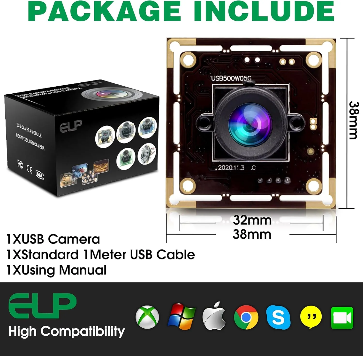 ELP 5mp Wide Angle USB Camera Module for Computer and Raspberry Pi Mini UVC USB2.0 PC Camera 100degree Low Distortion Webcam Board MI5100 Lightburn Camera Laser Engraver Camera for Laptop Jetson Nano