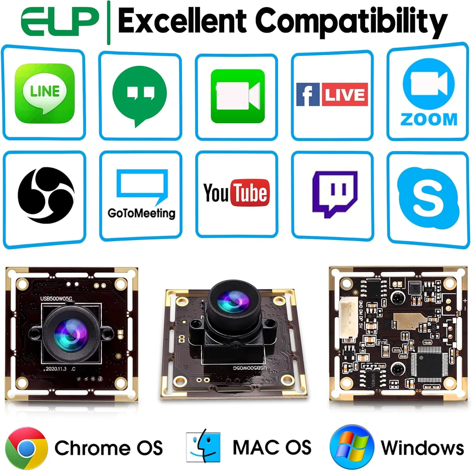 ELP 5mp Wide Angle USB Camera Module for Computer and Raspberry Pi Mini UVC USB2.0 PC Camera 100degree Low Distortion Webcam Board MI5100 Lightburn Camera Laser Engraver Camera for Laptop Jetson Nano