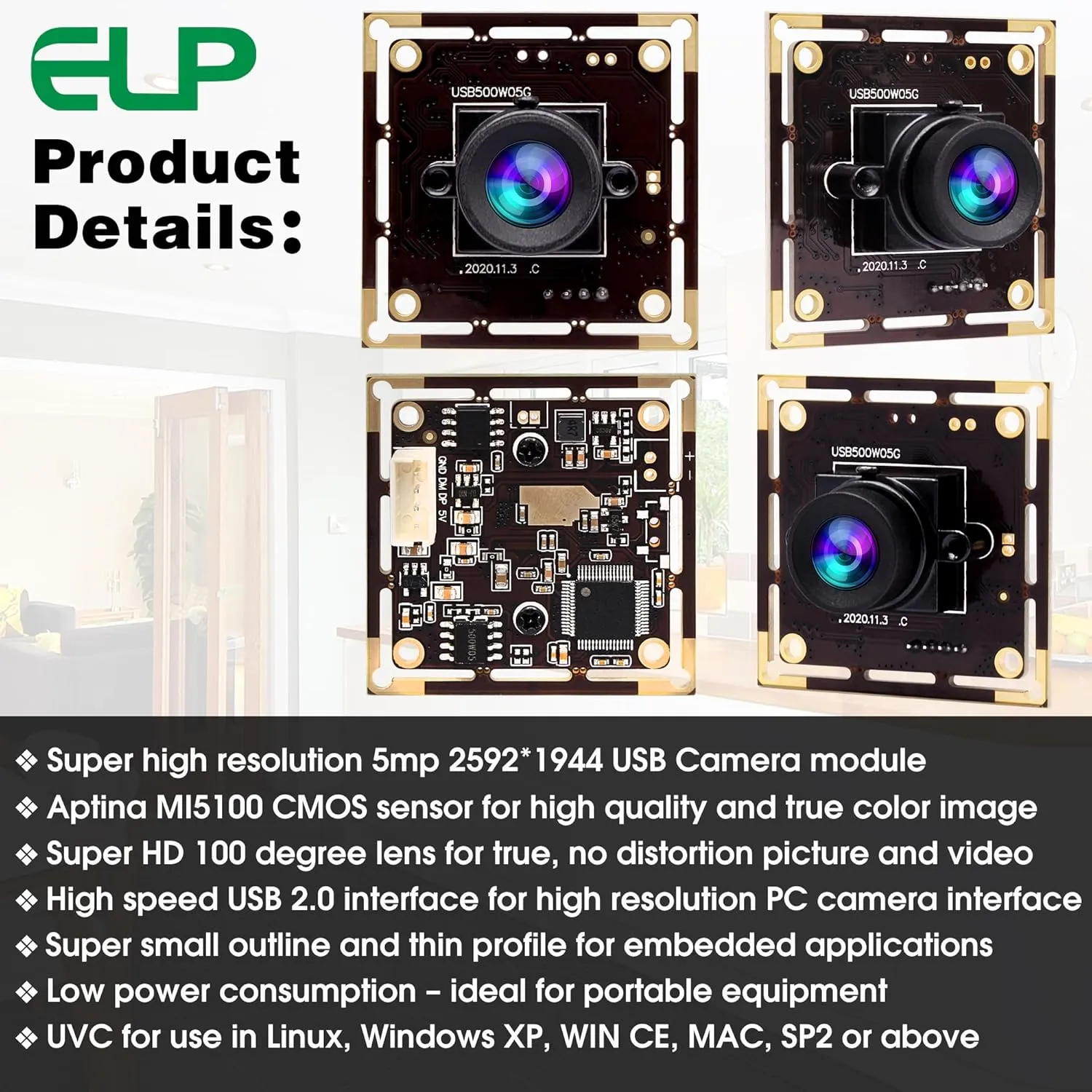 ELP 5mp Wide Angle USB Camera Module for Computer and Raspberry Pi Mini UVC USB2.0 PC Camera 100degree Low Distortion Webcam Board MI5100 Lightburn Camera Laser Engraver Camera for Laptop Jetson Nano