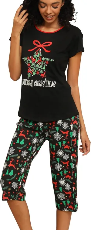 ENJOYNIGHT Womens Pajama Sets Cotton Pj Set Short Sleeve Top With Capri Pants Sleepwear 2 Piece Lounge Set