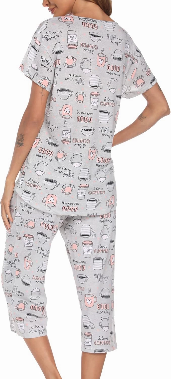 ENJOYNIGHT Womens Pajama Sets Cotton Pj Set Short Sleeve Top With Capri Pants Sleepwear 2 Piece Lounge Set
