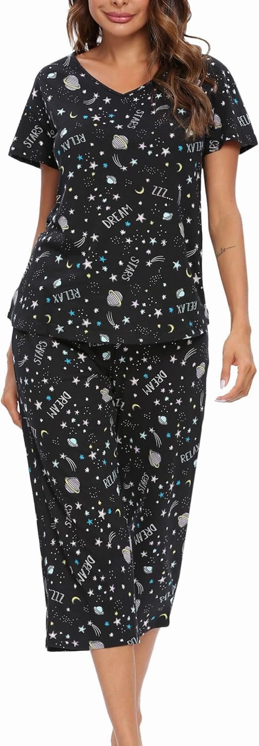 ENJOYNIGHT Womens Pajama Sets Cotton Pj Set Short Sleeve Top With Capri Pants Sleepwear 2 Piece Lounge Set
