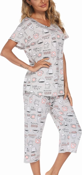 ENJOYNIGHT Womens Pajama Sets Cotton Pj Set Short Sleeve Top With Capri Pants Sleepwear 2 Piece Lounge Set
