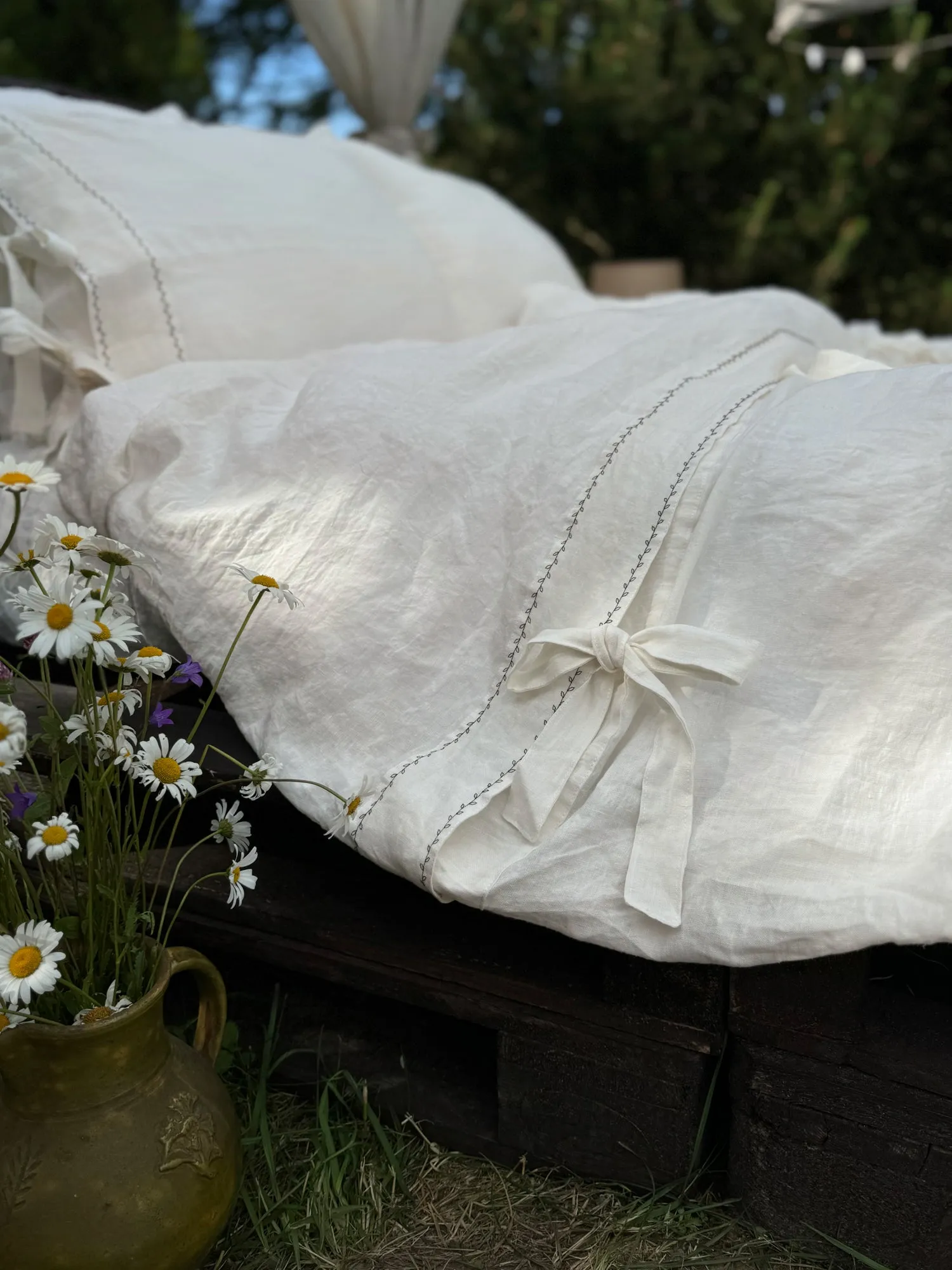 EU size bedding set with Black Embroidery. Light colors options. Top closure for bed sheets