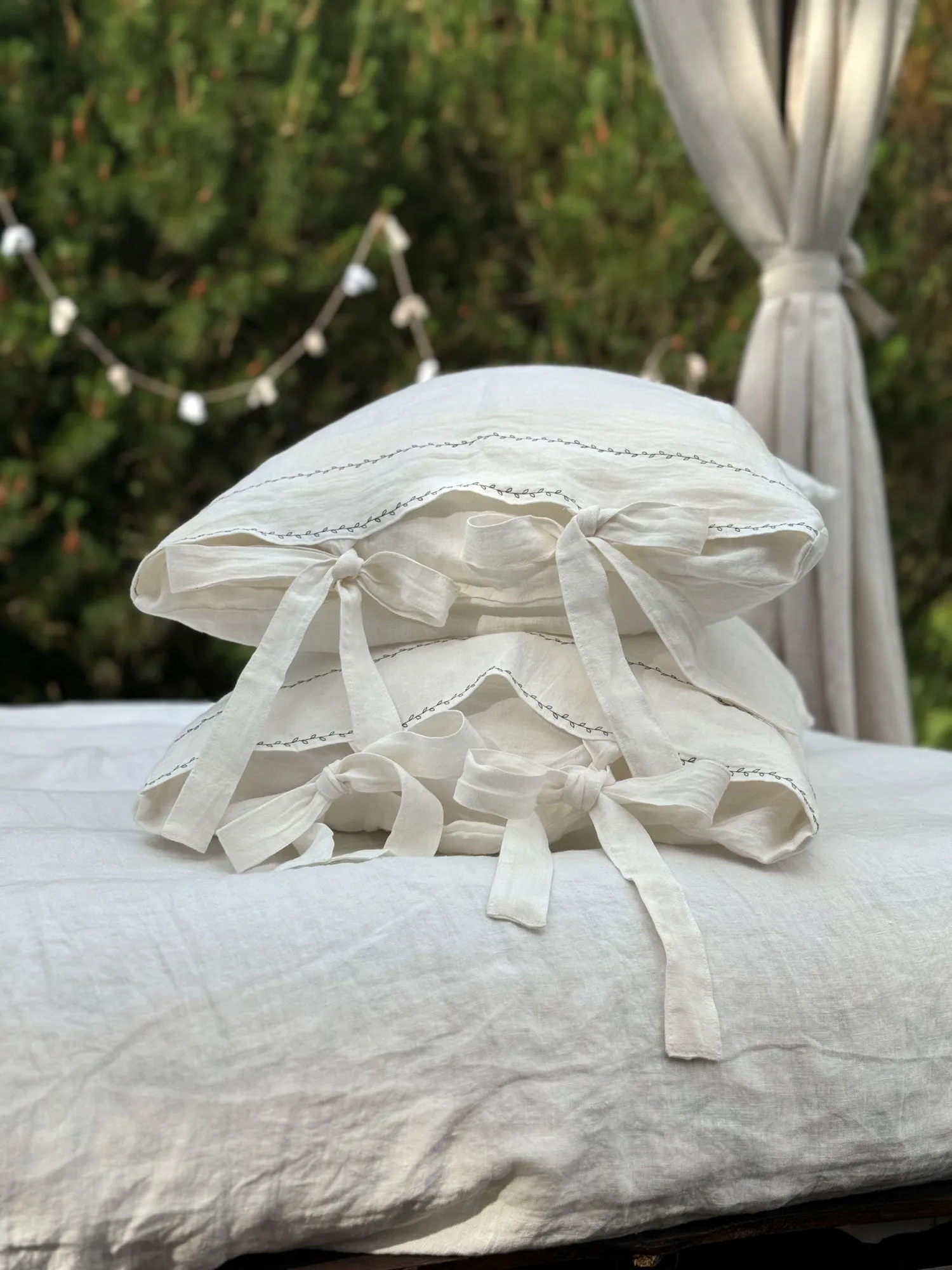EU size bedding set with Black Embroidery. Light colors options. Top closure for bed sheets