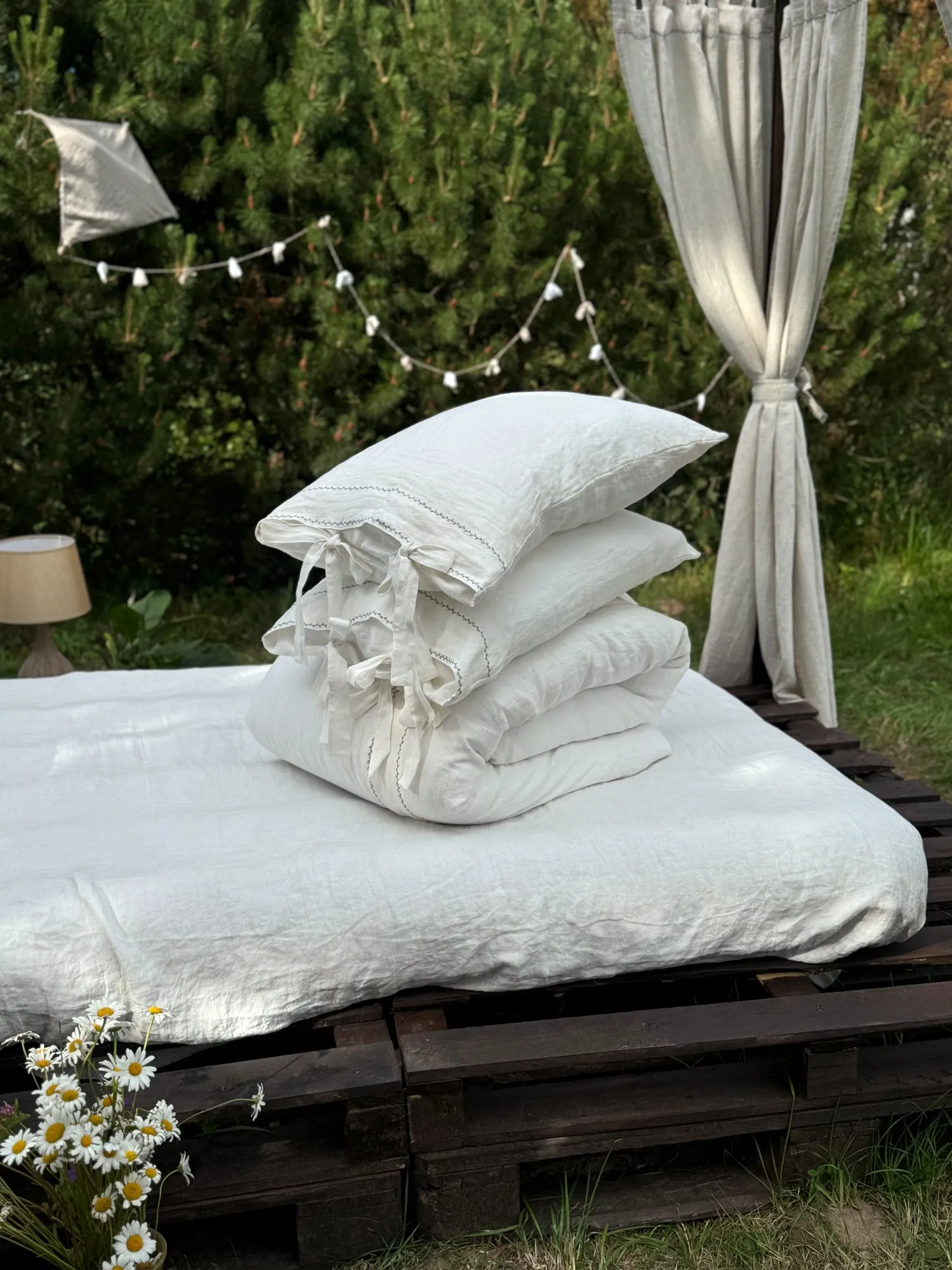 EU size bedding set with Black Embroidery. Light colors options. Top closure for bed sheets