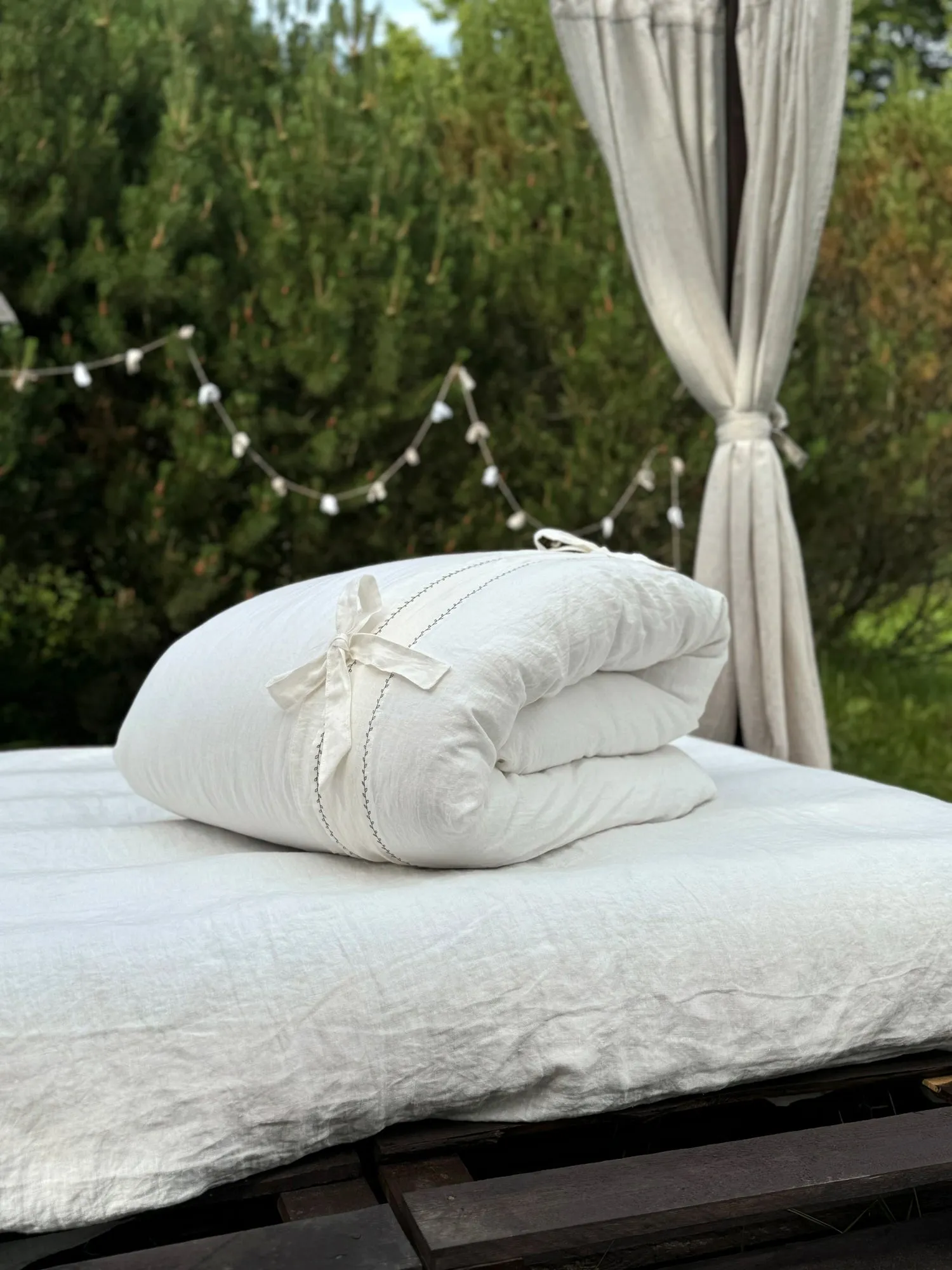 EU size bedding set with Black Embroidery. Light colors options. Top closure for bed sheets