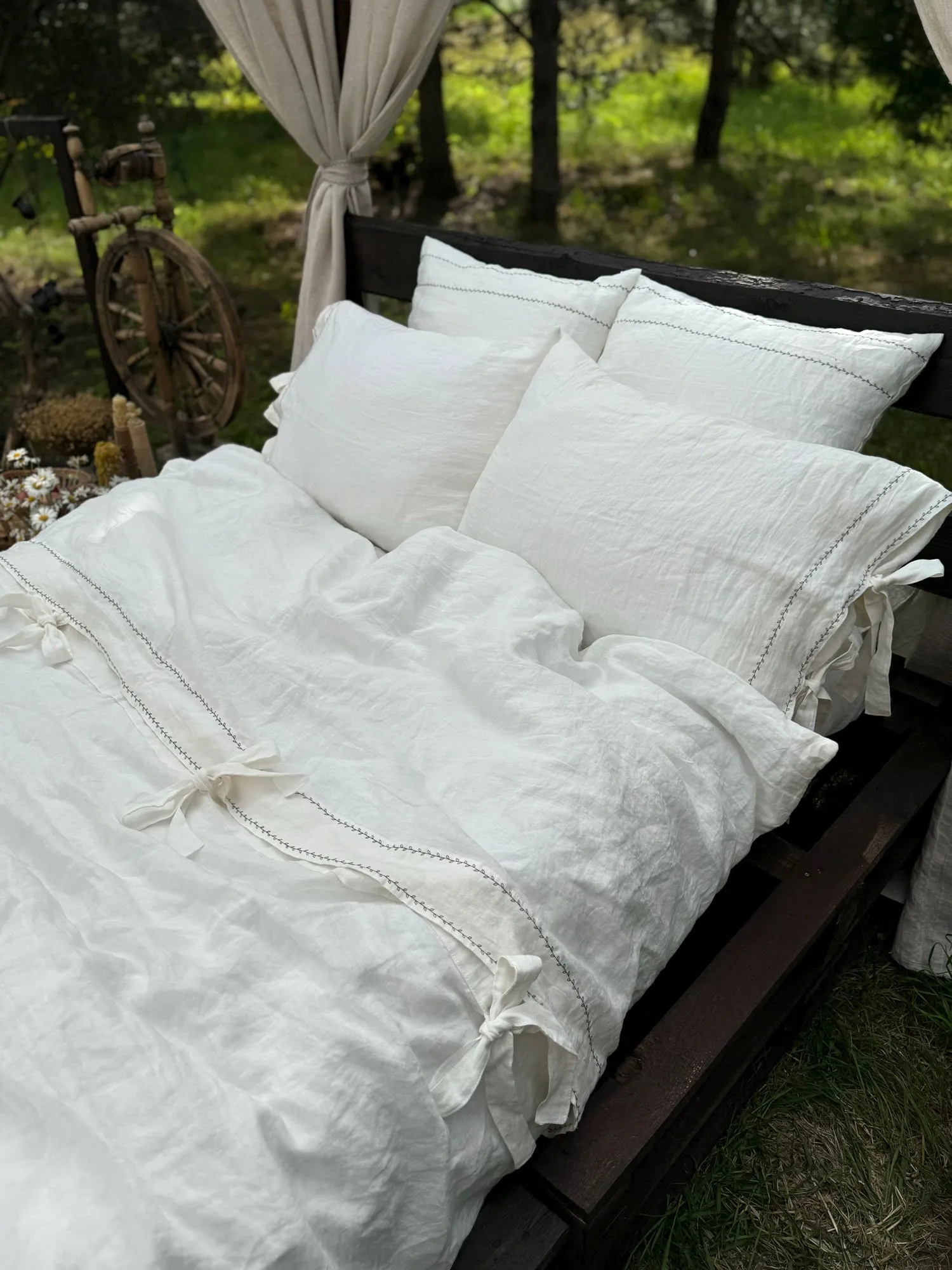 EU size bedding set with Black Embroidery. Light colors options. Top closure for bed sheets