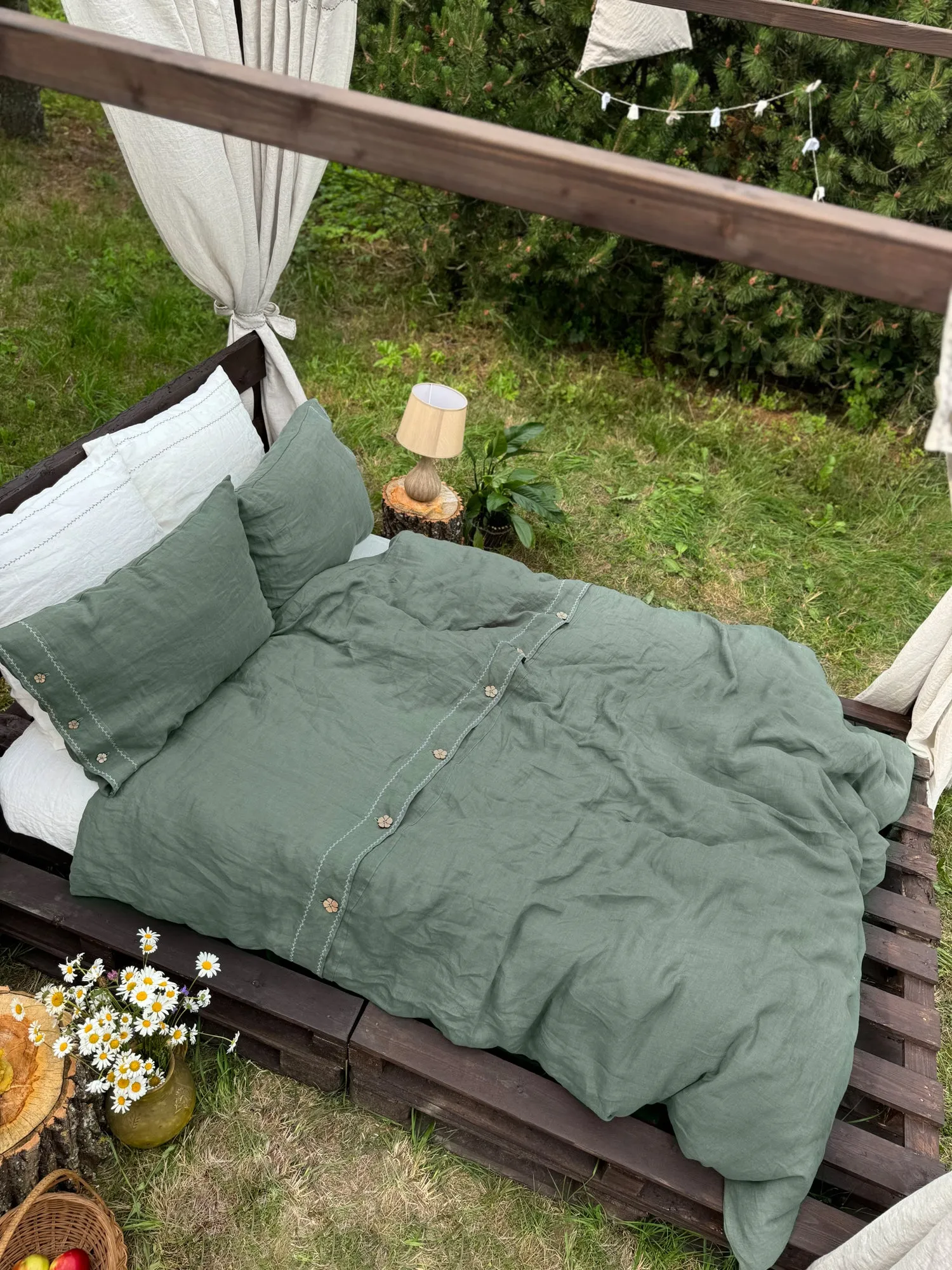 EU size bedding set with White Embroidery. Dark colors options. Top closure for bed sheets