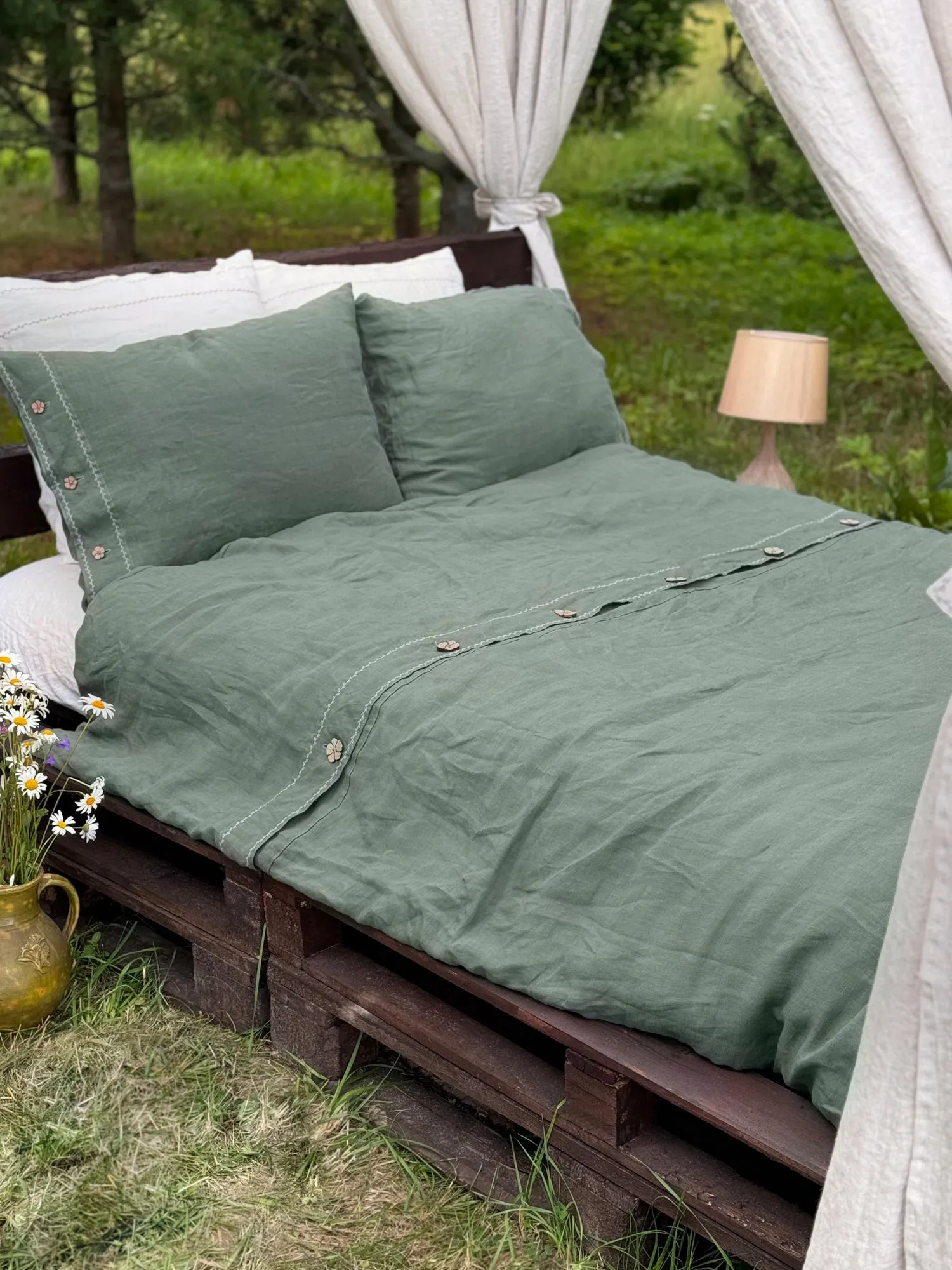 EU size bedding set with White Embroidery. Dark colors options. Top closure for bed sheets