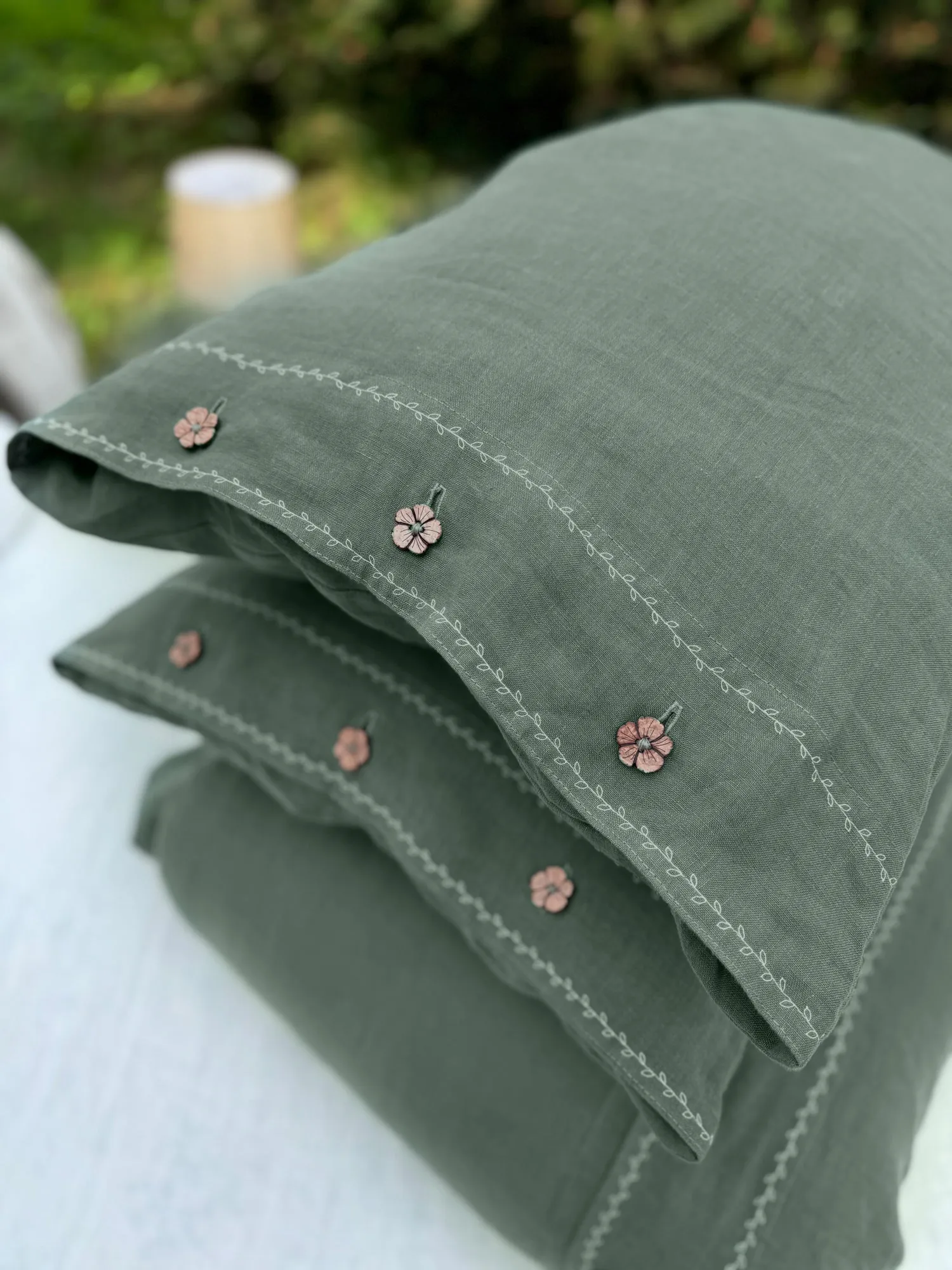 EU size bedding set with White Embroidery. Dark colors options. Top closure for bed sheets