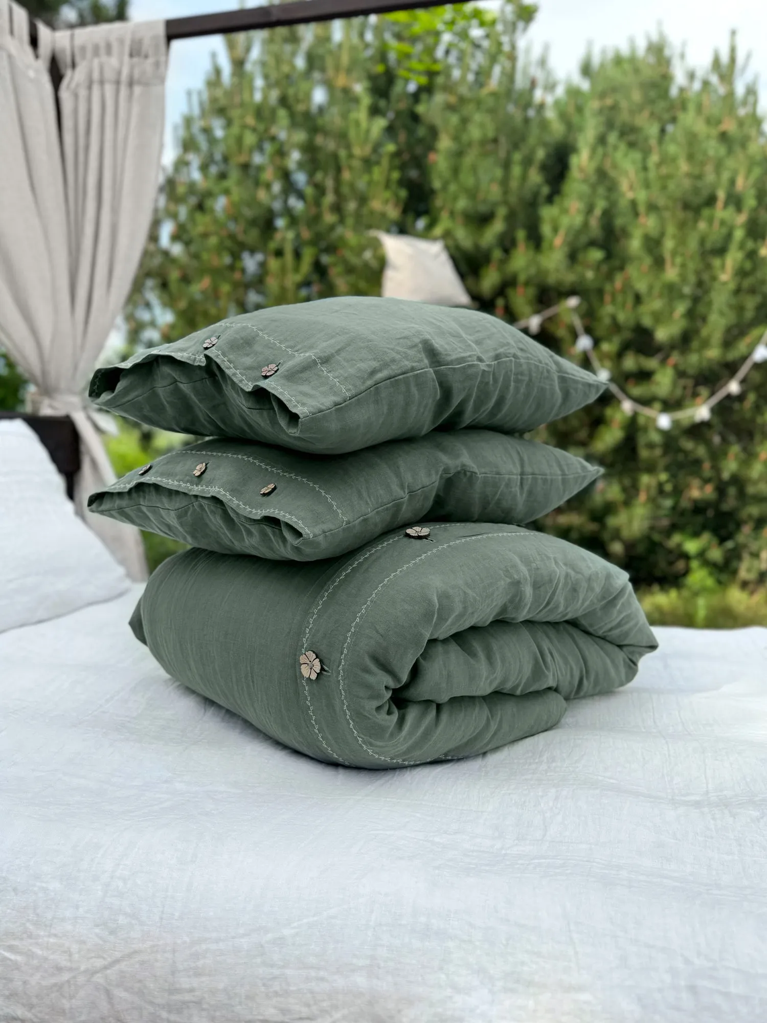 EU size bedding set with White Embroidery. Dark colors options. Top closure for bed sheets