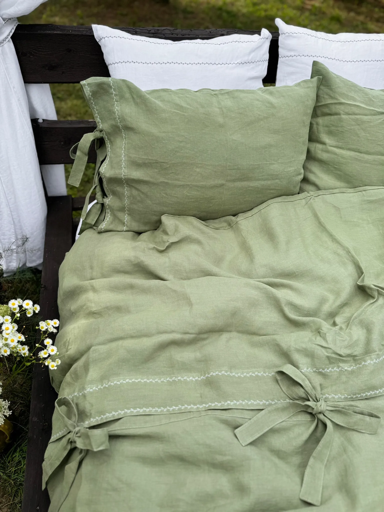 EU size bedding set with White Embroidery. Dark colors options. Top closure for bed sheets