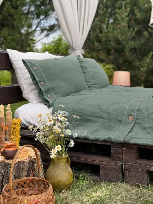 EU size bedding set with White Embroidery. Dark colors options. Top closure for bed sheets