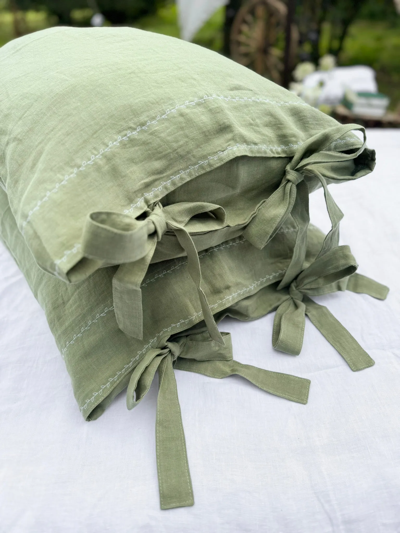 EU size bedding set with White Embroidery. Dark colors options. Top closure for bed sheets