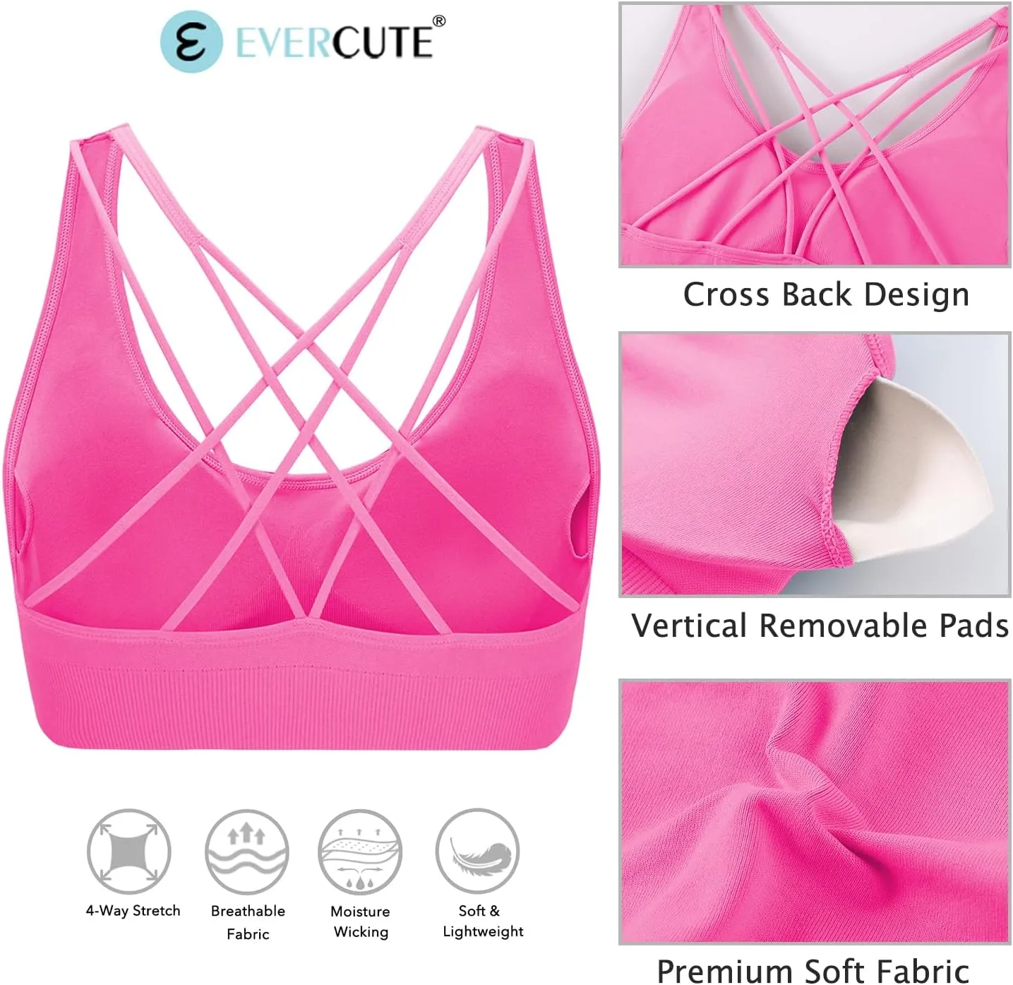 Evercute Cross Back Sport Bras Padded Strappy Medium Support Cropped Bras for Yoga Workout Fitness Bras