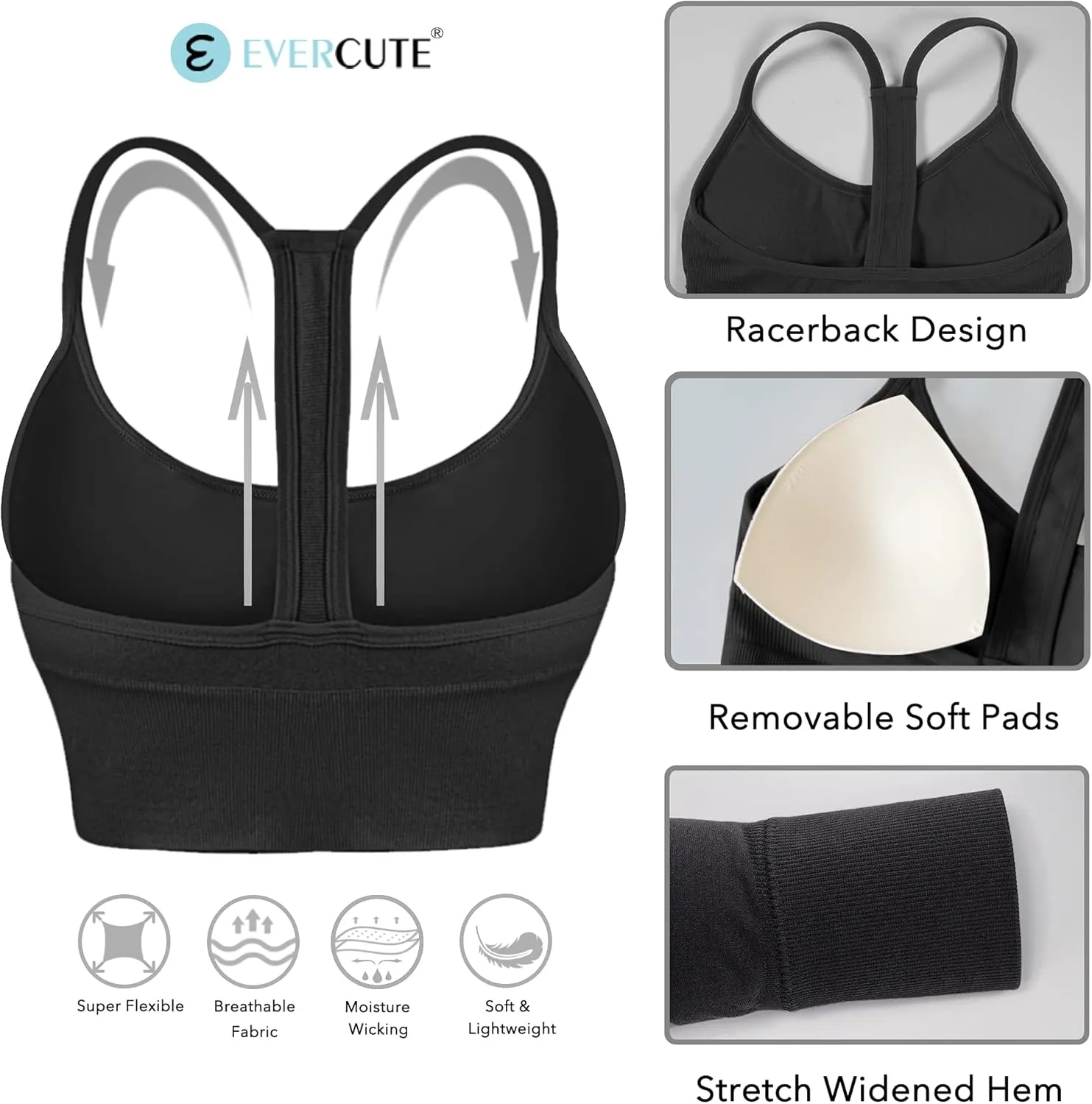 Evercute Racerback Sports Bras Padded Y Racer Back Cropped Bras for Yoga Workout Fitness Low Impact