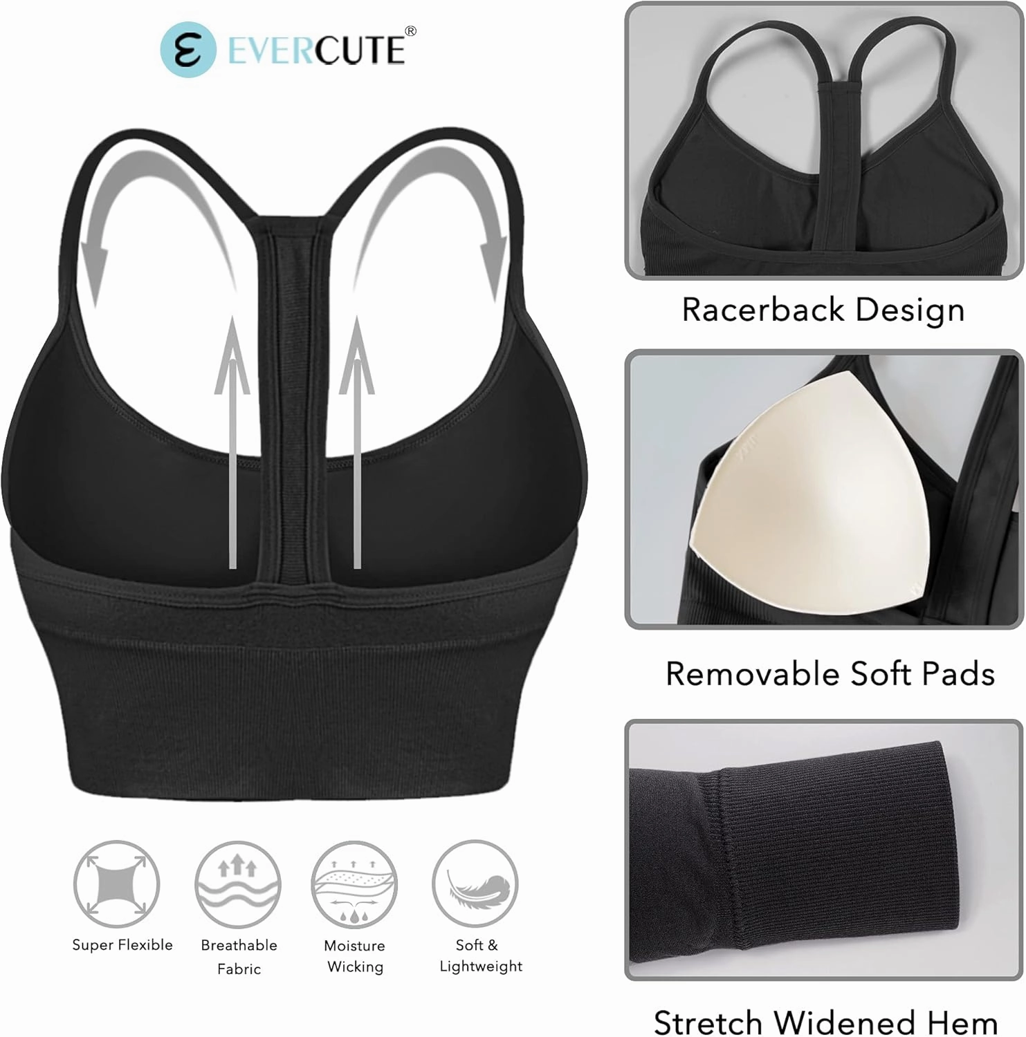 Evercute Racerback Sports Bras Padded Y Racer Back Cropped Bras for Yoga Workout Fitness Low Impact