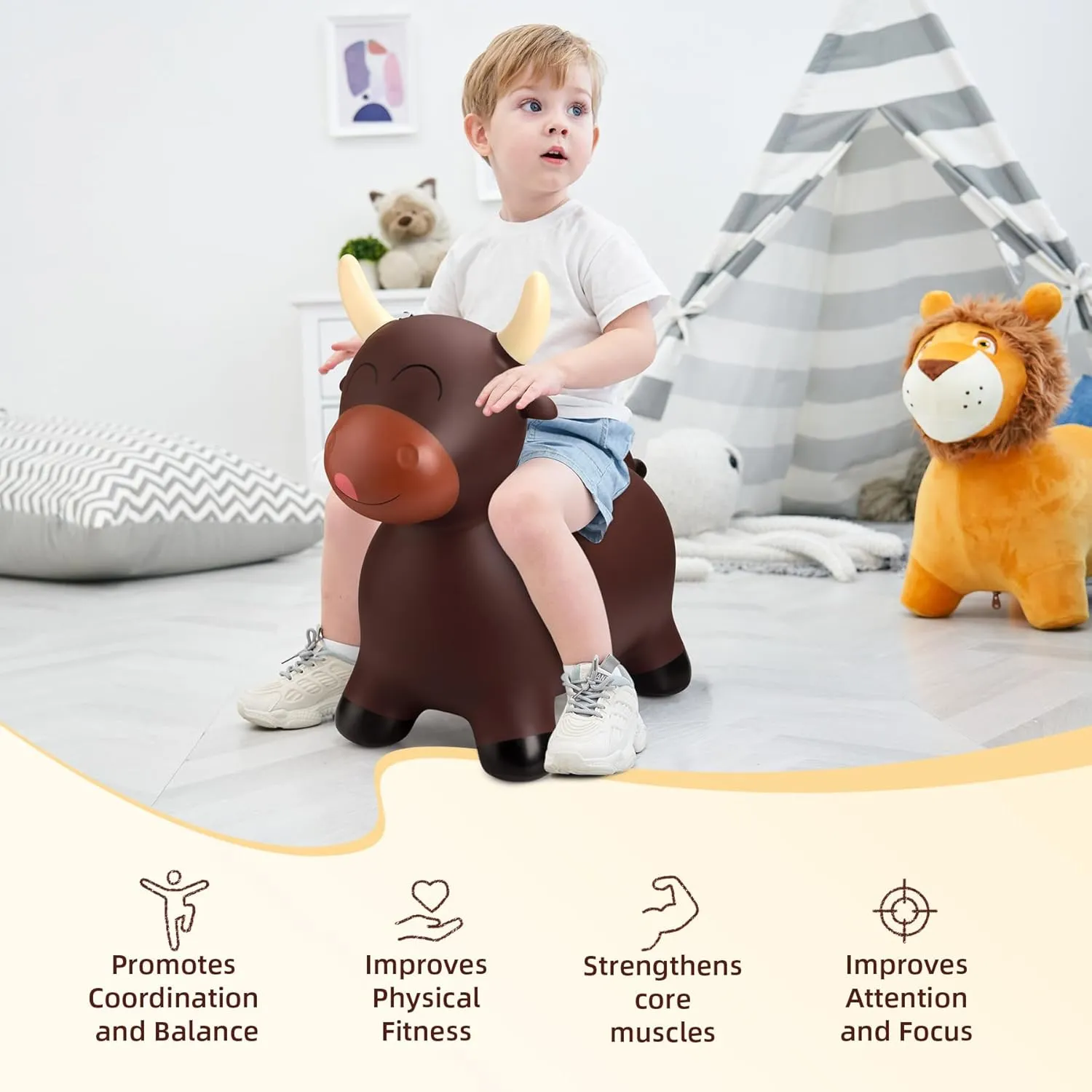 EVERICH TOY Bouncy Bull Hopping Toys, Brown Bouncy Horse Animal Hopper Ride-On, Inflatable Bull Riding Toys for Boys Girls, Birthday Gift for 18 Months 2 3 4 5 6 Years Old Toddler