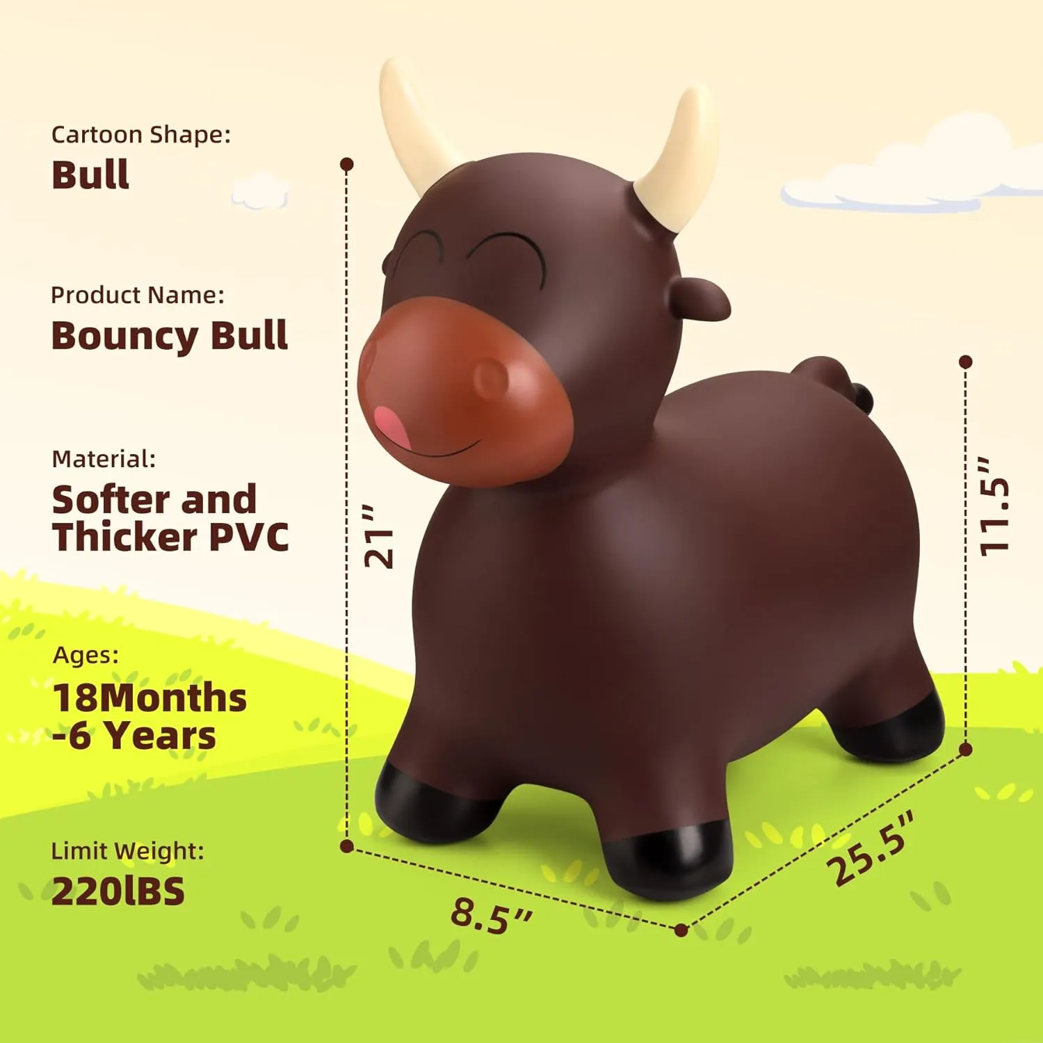 EVERICH TOY Bouncy Bull Hopping Toys, Brown Bouncy Horse Animal Hopper Ride-On, Inflatable Bull Riding Toys for Boys Girls, Birthday Gift for 18 Months 2 3 4 5 6 Years Old Toddler